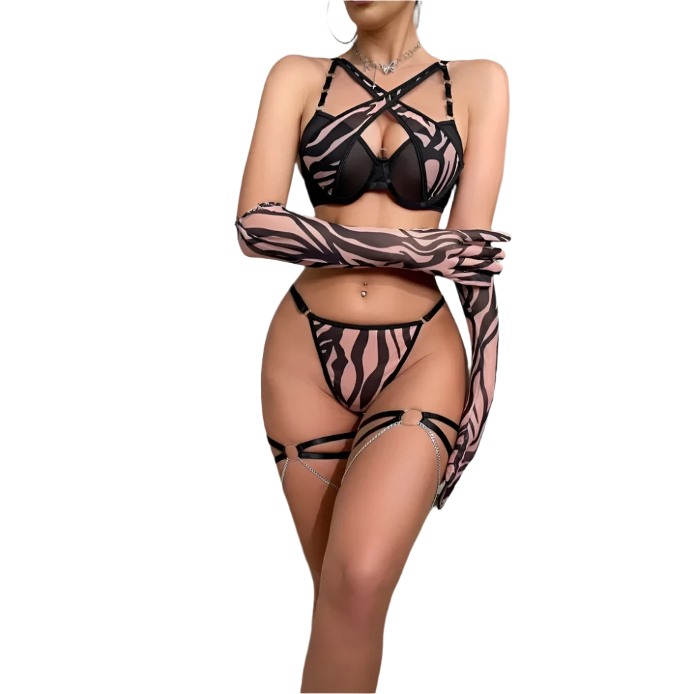 Zebra Print 4 Pieces Sexy Lingerie Set with Metal Chain Criss Cross Detail and Gloves