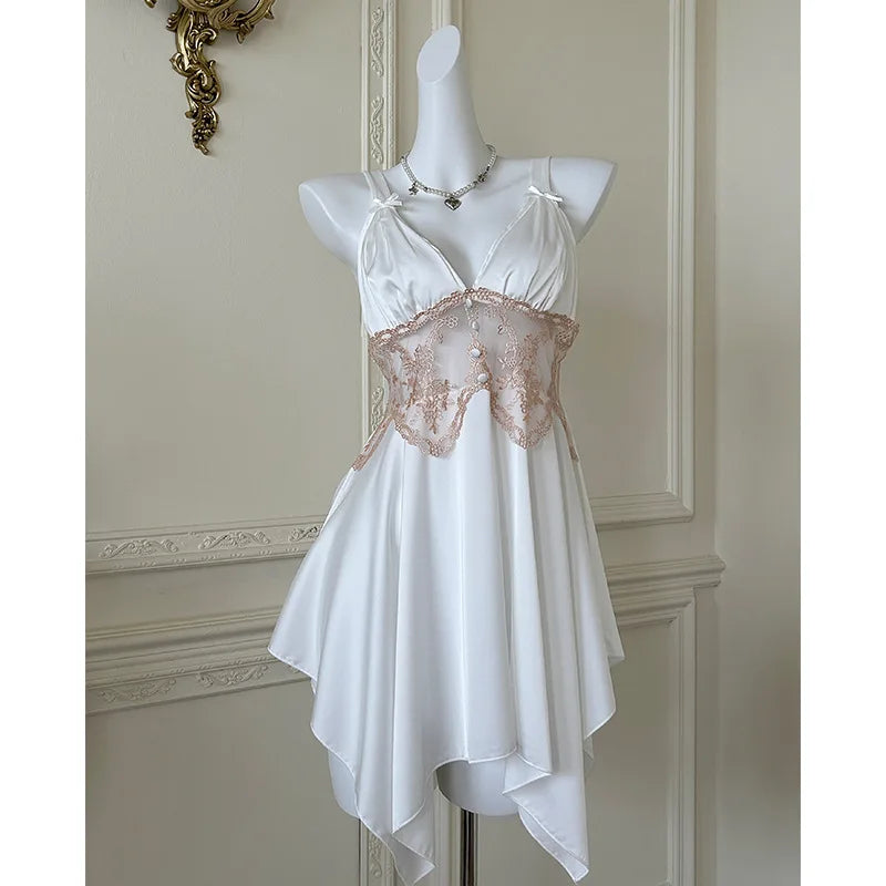 Sexy Women Lingerie Nightgown Chemise Sleepwear Patchwork Hollow Out Lace Nightdress Homeweae Summer Ice Silk Nightie Loungewear