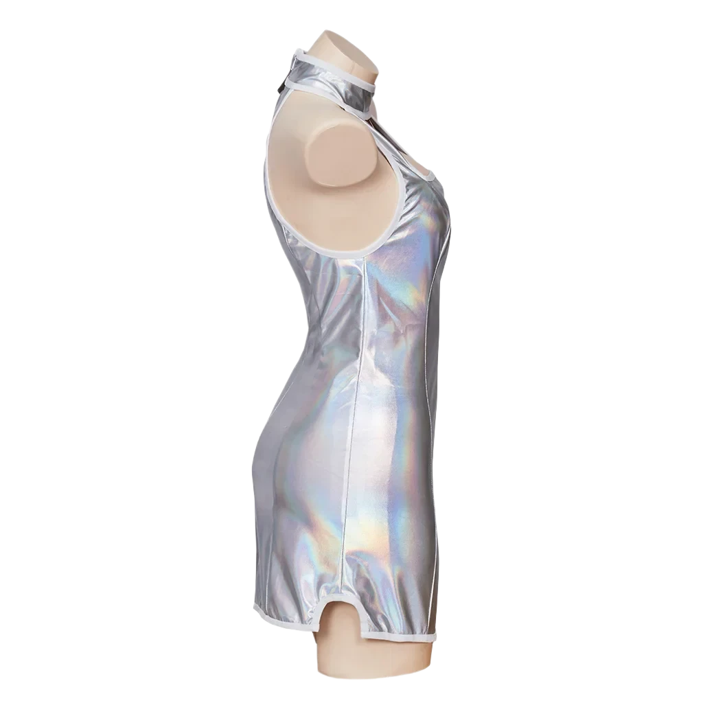 A silver holographic mini dress with a halter neckline. It features a sleek, reflective finish that catches the light, creating a futuristic look.