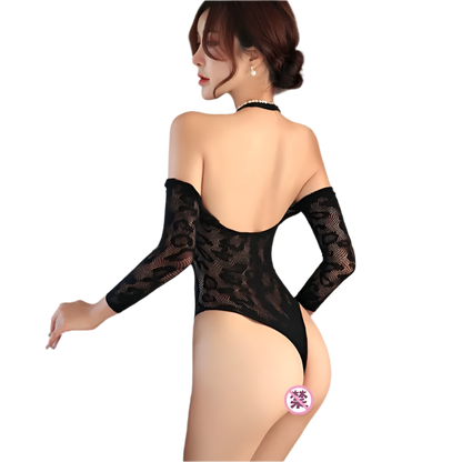 Fierce & Flirty Leopard Print Mesh Bodysuit with integrated straps and sheer lace details for resort wear