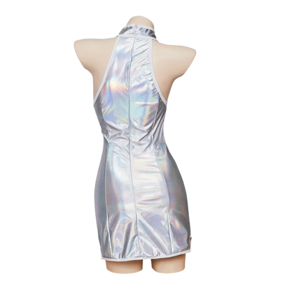 A silver holographic mini dress with a halter neckline. It features a sleek, reflective finish that catches the light, creating a futuristic look.