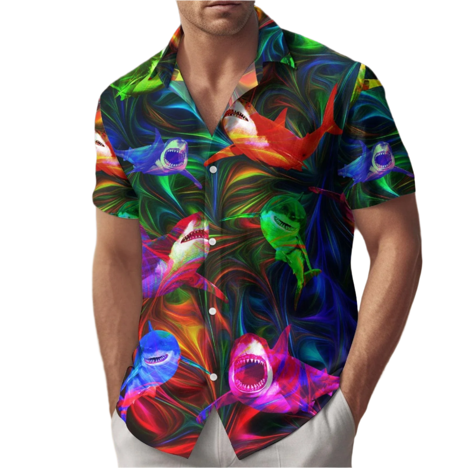 Man wearing a colorful shark pattern shirt on a beach