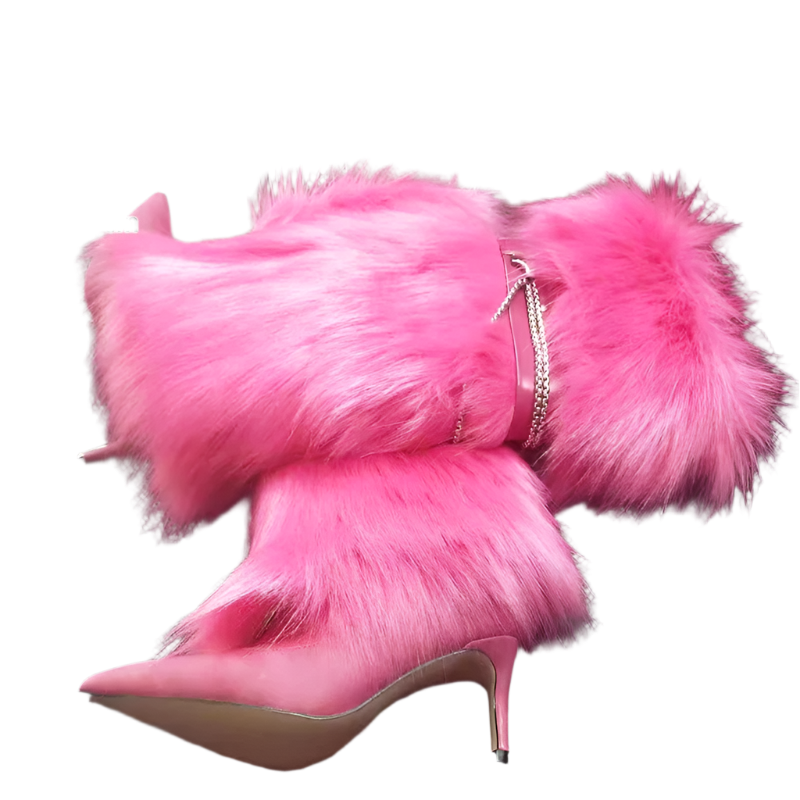 Elegant Knee-Length Fluffy Fur Boots with Stiletto Heel for Resort Evening Wear