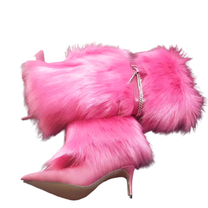 Elegant Knee-Length Fluffy Fur Boots with Stiletto Heel for Resort Evening Wear