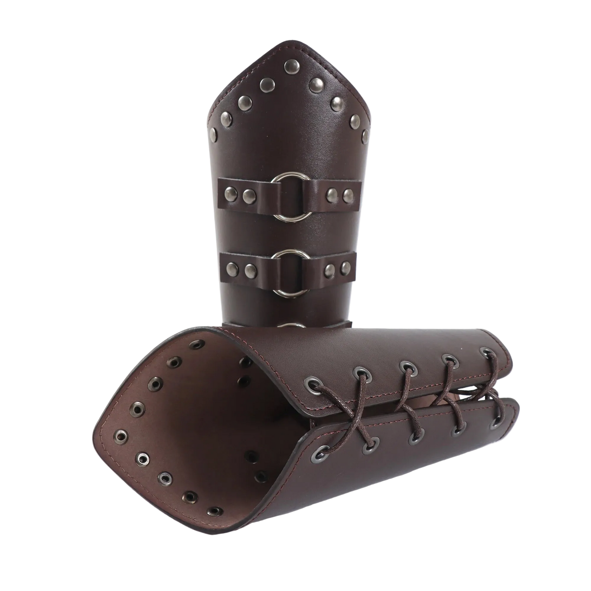 Pair of brown leather arm guards with metal studs and buckles on a white background