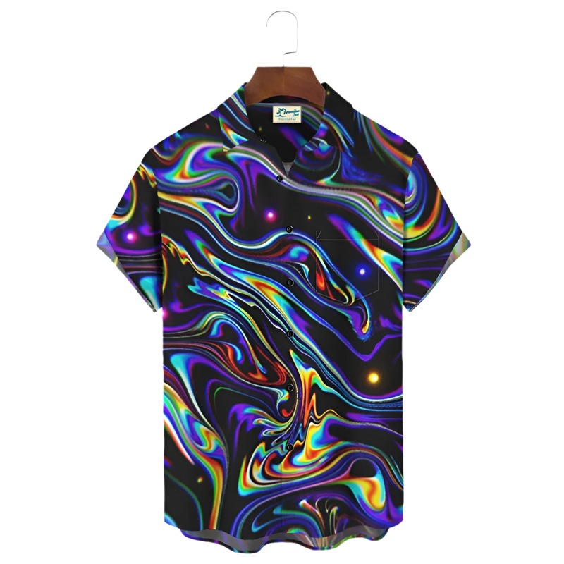 Colorful shirt with abstract design on a hanger against a white background