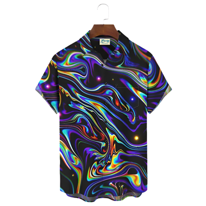 Colorful shirt with abstract design on a hanger against a white background