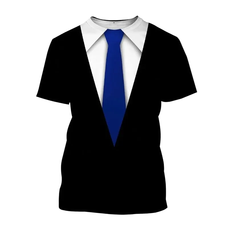 A short-sleeve black t-shirt with a printed graphic of a white collared shirt and a blue tie, with the word 'Purple' written in purple text in the upper left corner.