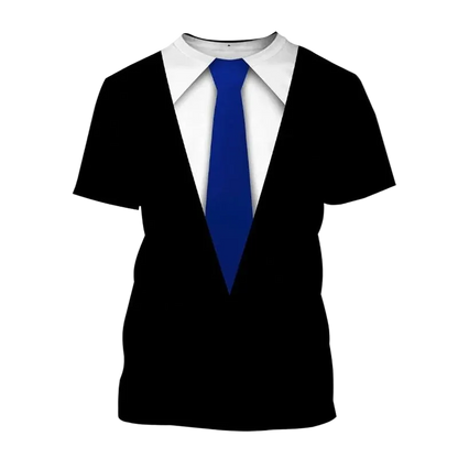 A short-sleeve black t-shirt with a printed graphic of a white collared shirt and a blue tie, with the word 'Purple' written in purple text in the upper left corner.