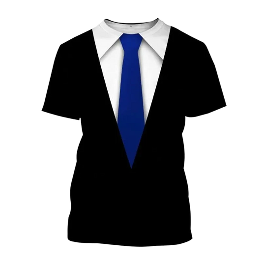 A short-sleeve black t-shirt with a printed graphic of a white collared shirt and a blue tie, with the word 'Purple' written in purple text in the upper left corner.