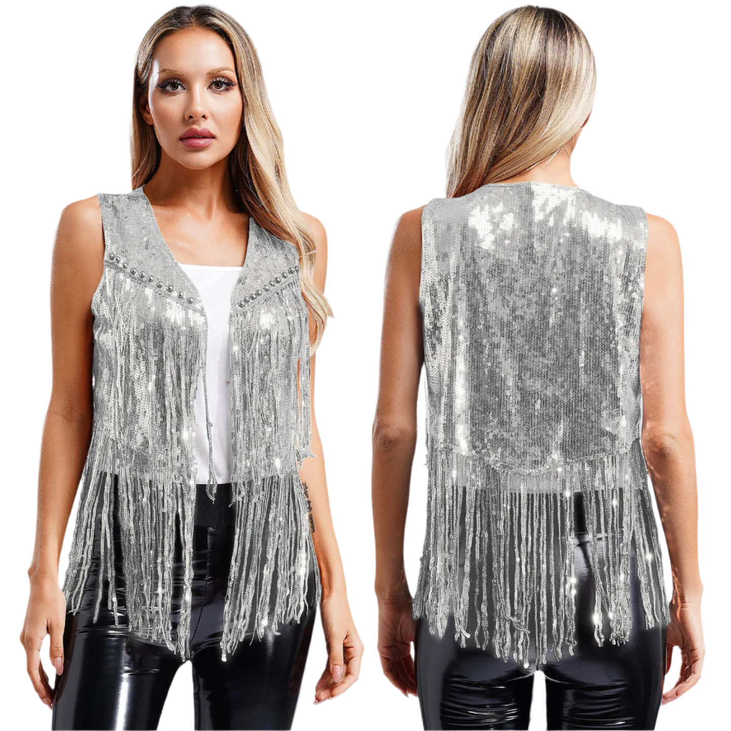 A sleeveless vest with sequins and fringe detailing. The vest is embellished with small studs, adding a touch of sparkle and flair to any outfit.
