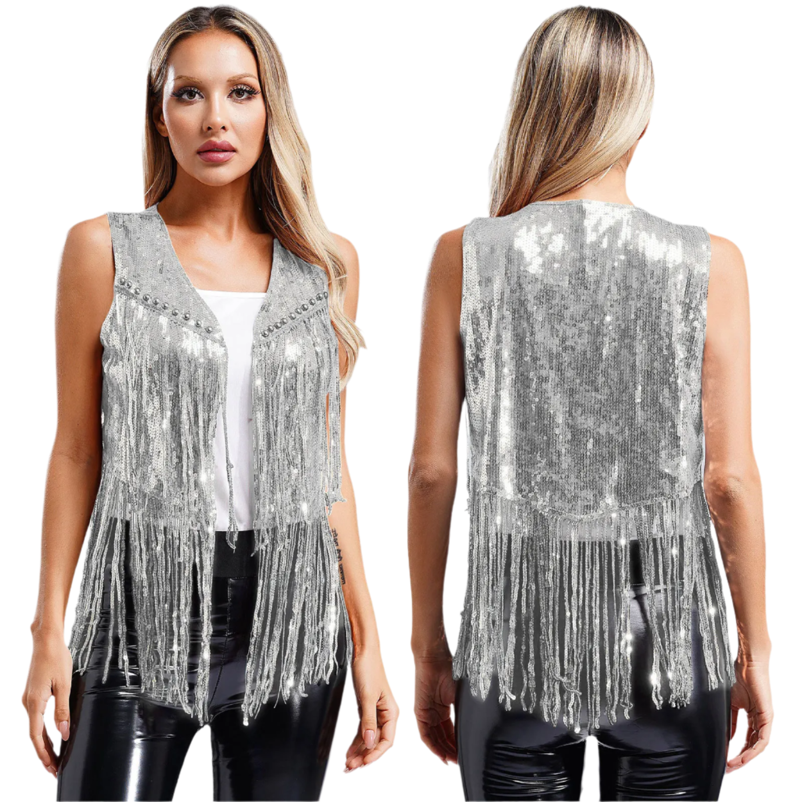 A sleeveless vest with sequins and fringe detailing. The vest is embellished with small studs, adding a touch of sparkle and flair to any outfit.
