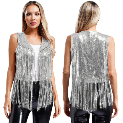 A sleeveless vest with sequins and fringe detailing. The vest is embellished with small studs, adding a touch of sparkle and flair to any outfit.
