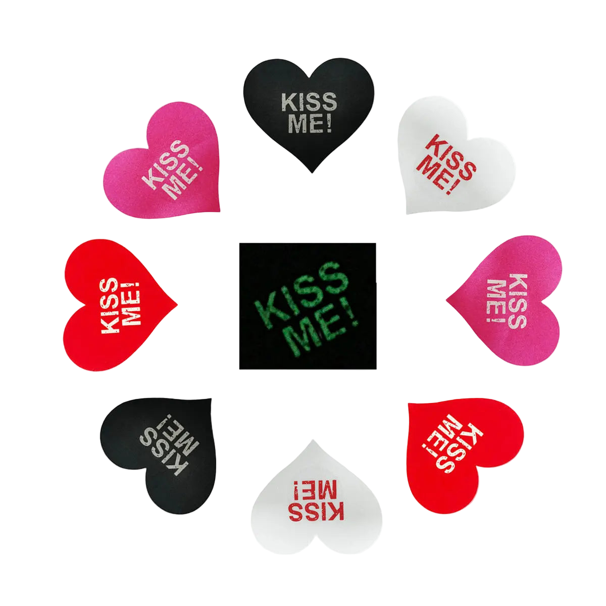 Heart-shaped stickers with 'KISS ME!' text in various colors on a white background