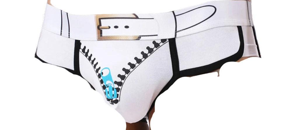 White underwear with black belt and blue design on a white background