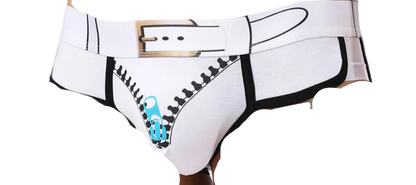 White underwear with black belt and blue design on a white background