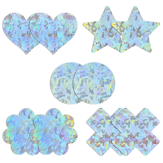 Collection of holographic pastel stickers in various shapes - hearts, stars, circles, flowers, and X shapes. The stickers feature an iridescent finish that creates a rainbow effect when catching light.