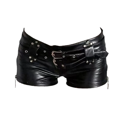 Women's PU Leather Booty Shorts with Double Belts for Resort Theme Nights and Club Events