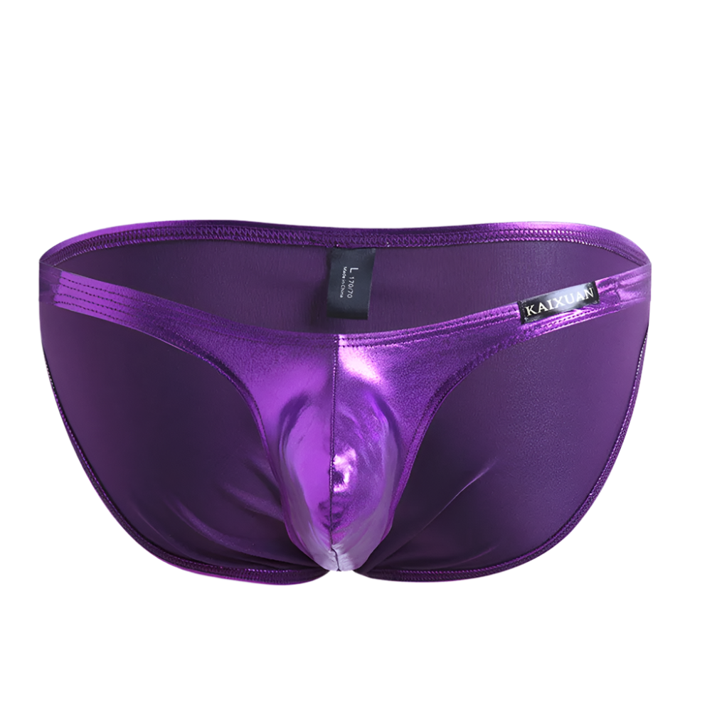 Purple metallic underwear with a brand label on a white background