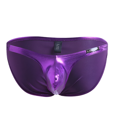 Purple metallic underwear with a brand label on a white background