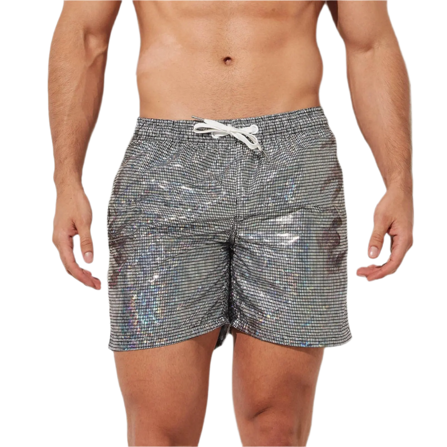 Silver holographic swim shorts with drawstring, perfect for a stylish beach day at the resort.