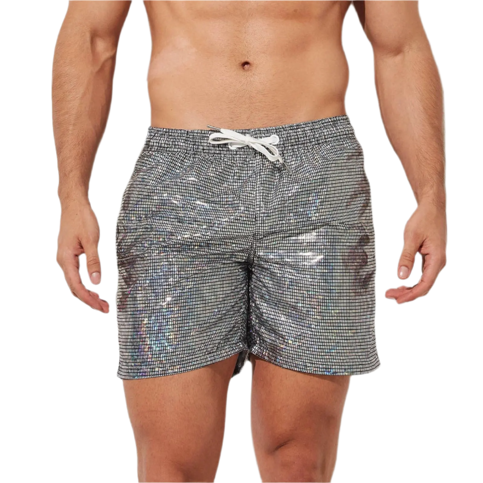 Silver holographic swim shorts with drawstring, perfect for a stylish beach day at the resort.