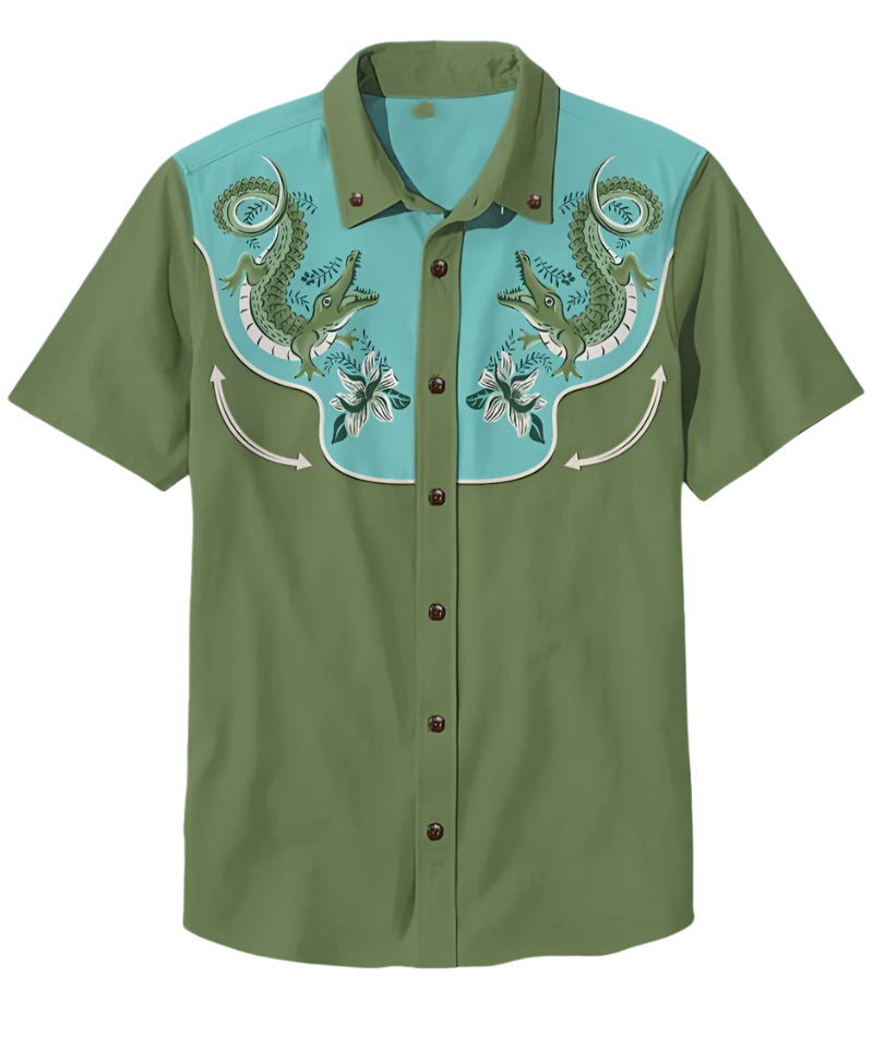 Retro men's denim Hawaiian shirt with 3D ethnic academy casual short sleeved lapel button Y2K streetwear design for resort entertainment