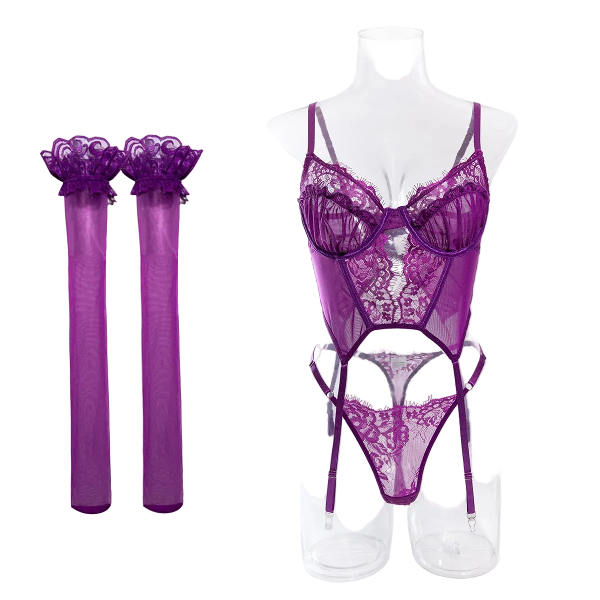 Purple lace lingerie set on a mannequin with matching stockings against a white background