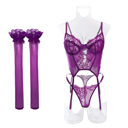 Purple lace lingerie set on a mannequin with matching stockings against a white background