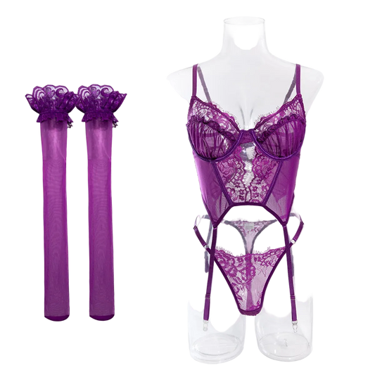 Purple lace lingerie set on a mannequin with matching stockings against a white background
