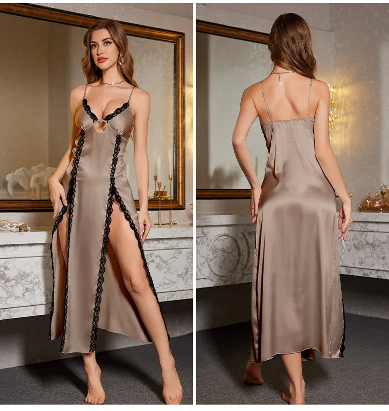 Sexy Split Suspender Nightgown Chemise Sleepwear Summer New Silky Satin Nightdress Intimate Lingerie Female Home Wear Loungewear