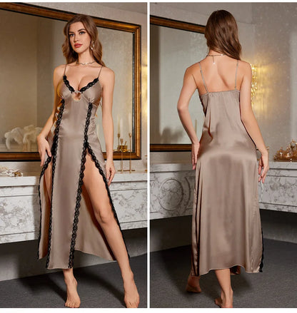 Sexy Split Suspender Nightgown Chemise Sleepwear Summer New Silky Satin Nightdress Intimate Lingerie Female Home Wear Loungewear
