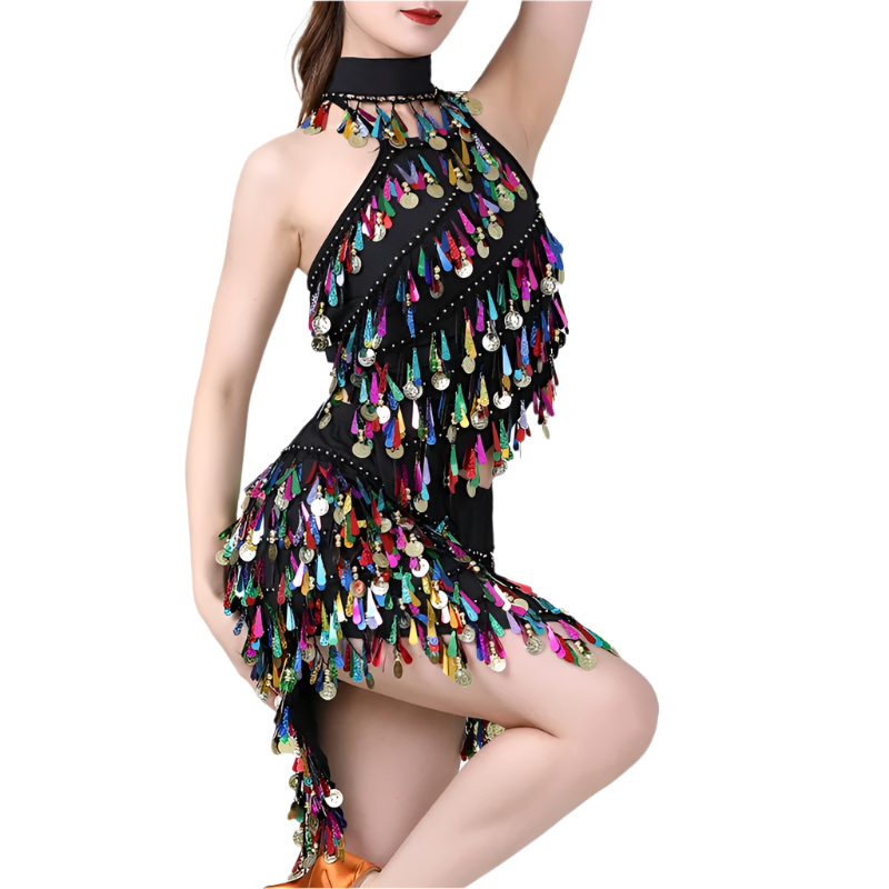 sequin coin tassel Latin dance set with fringe top and skirt for professional resort performances