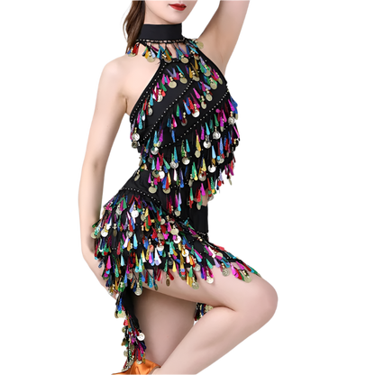  sequin coin tassel Latin dance set with fringe top and skirt for professional resort performances