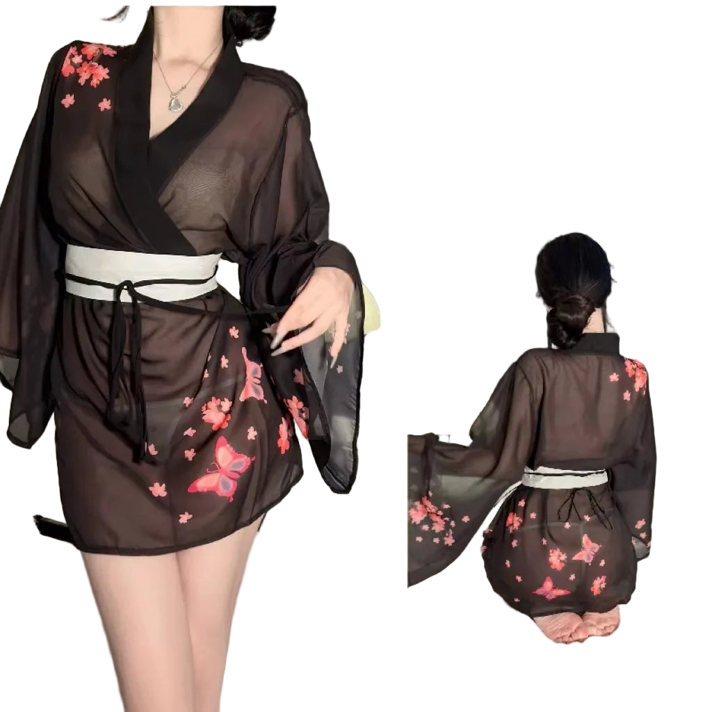 Woman wearing a black kimono with pink floral patterns, front and back views.