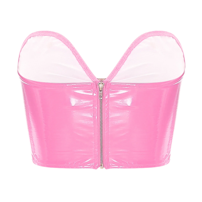 Patent Leather Crop Bra Top | Pink Hollow Out Style