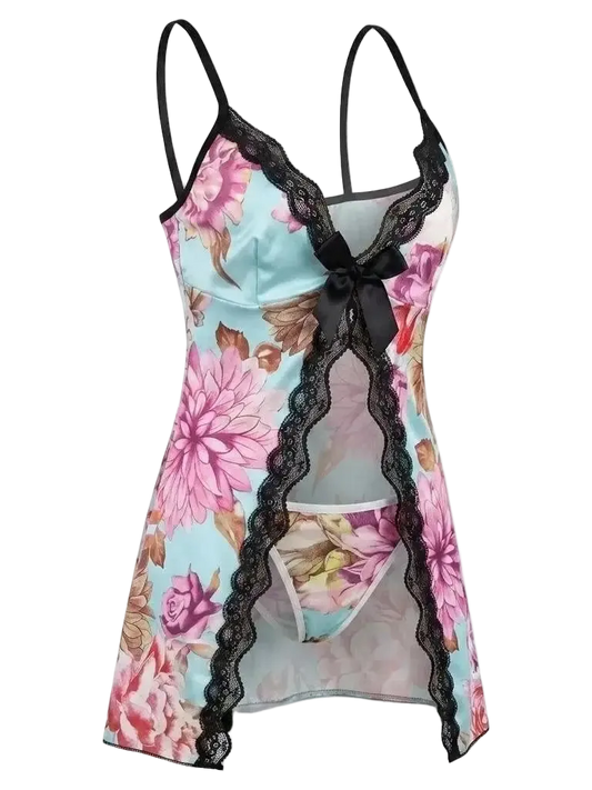 A floral print babydoll lingerie chemise with black lace trim, black spaghetti straps, and a black bow at the neckline, shown on a plain white background.