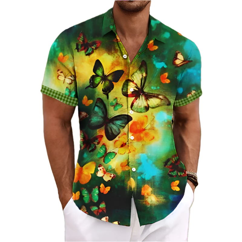 colorful butterflies print shirt with florals graphic Y2K lapel design for Animal Instincts theme night resort wear
