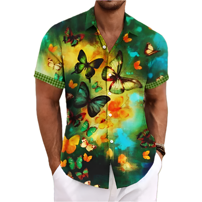 colorful butterflies print shirt with florals graphic Y2K lapel design for Animal Instincts theme night resort wear