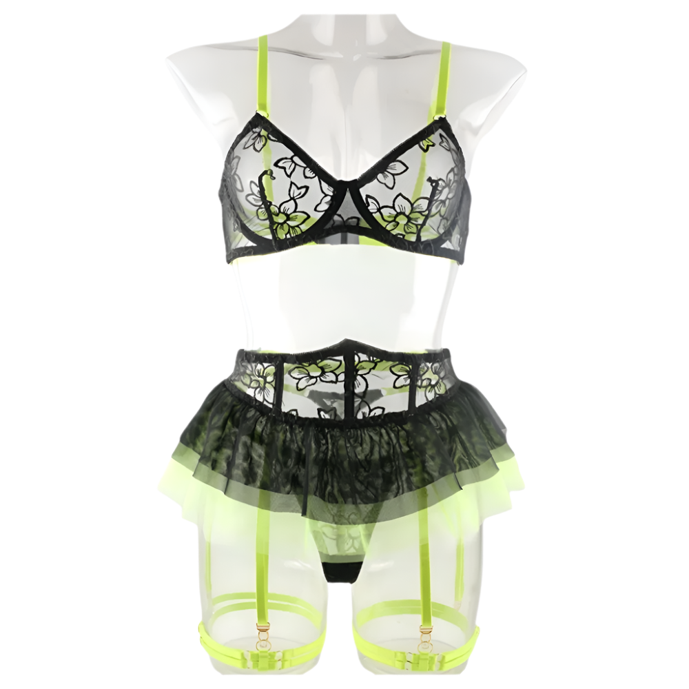 Lingerie set with green and black tutu-style skirt, yellow stockings