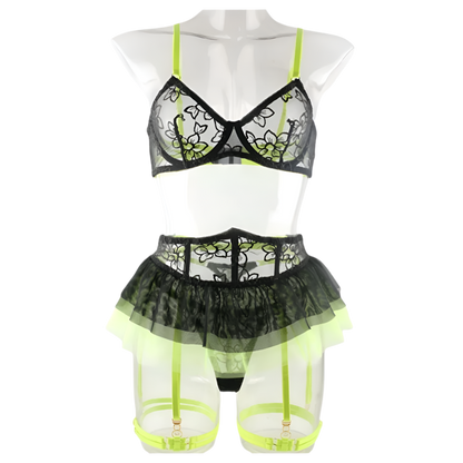 Lingerie set with green and black tutu-style skirt, yellow stockings