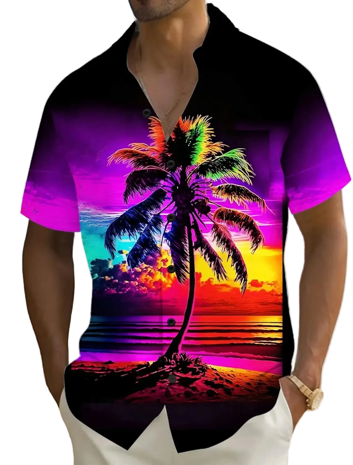 Person wearing a colorful beach-themed shirt with a palm tree design on a beach.