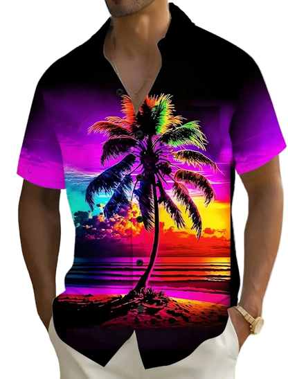 Person wearing a colorful beach-themed shirt with a palm tree design on a beach.
