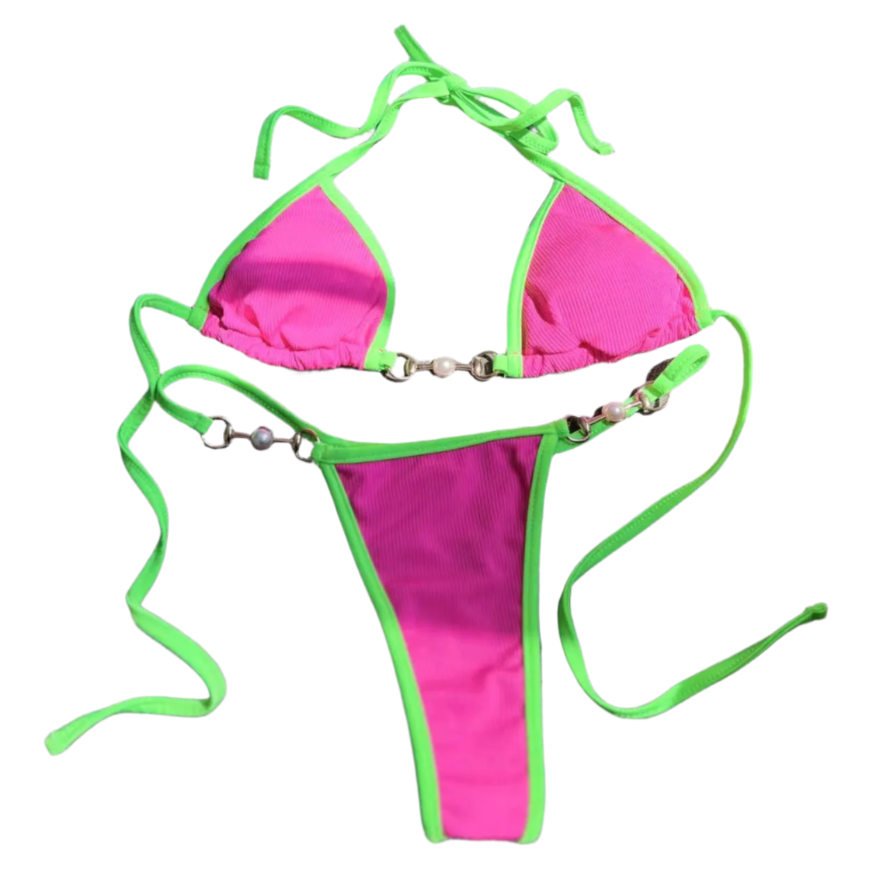 A two tone bikini with chain details. The design is sleek and modern, with a touch of edginess from the metallic accents.
