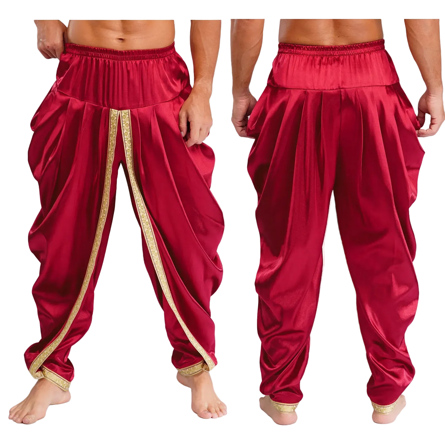 Red harem-style pants shown on a cropped male model from front and back views against a plain white background.