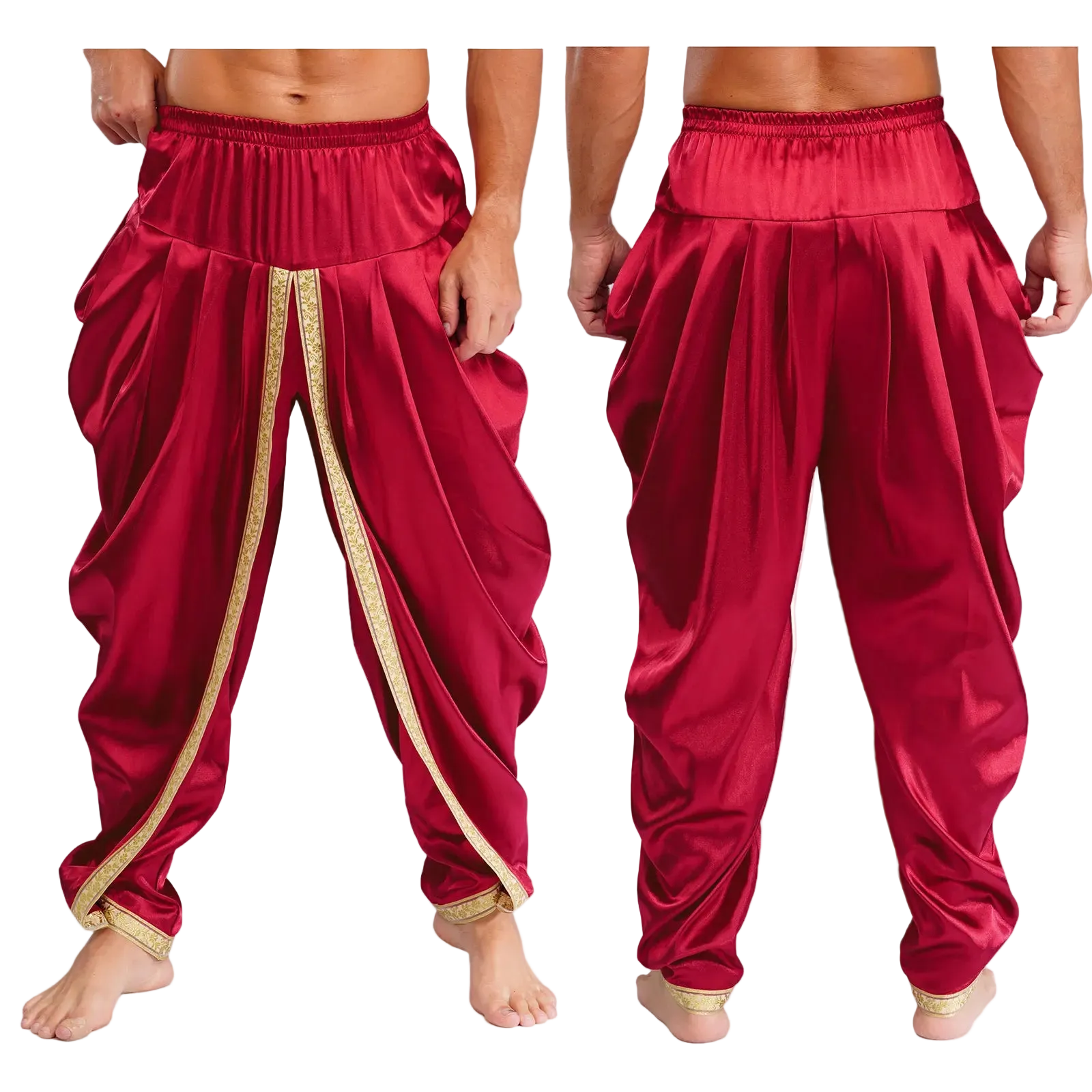 Red harem-style pants shown on a cropped male model from front and back views against a plain white background.