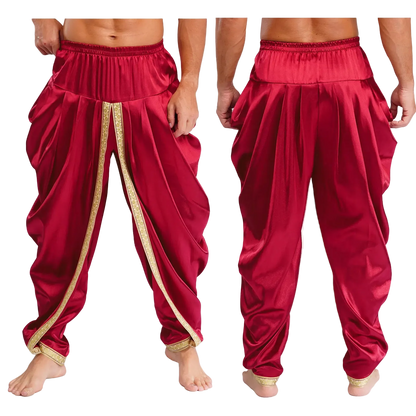 Red harem-style pants shown on a cropped male model from front and back views against a plain white background.