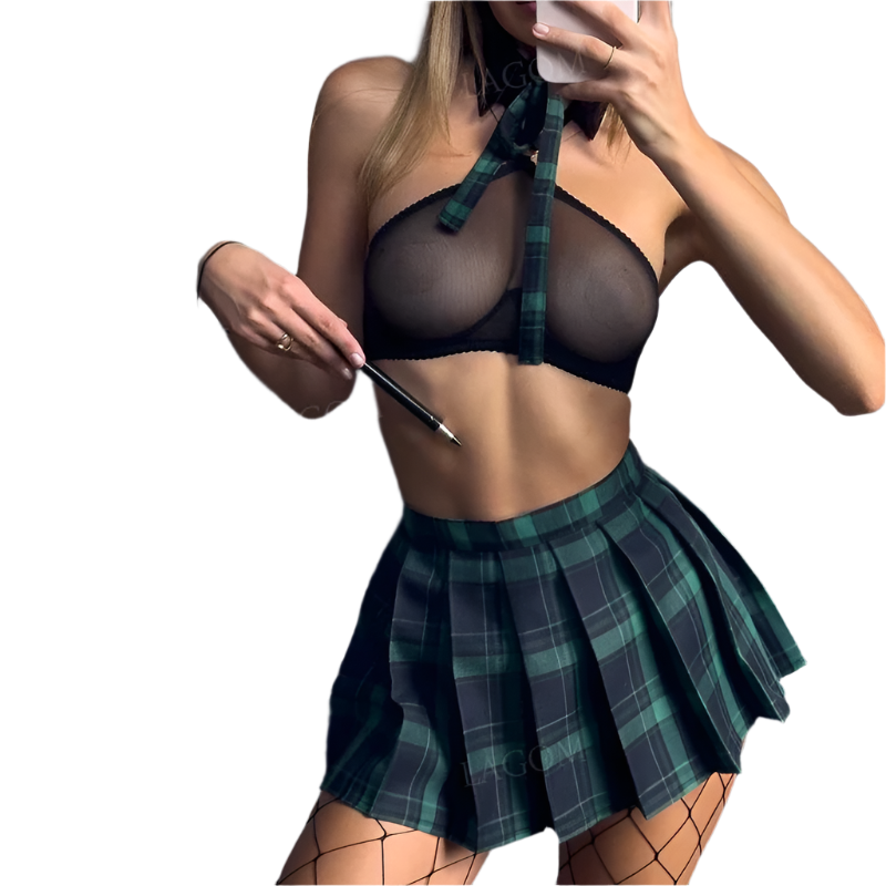 Person wearing a black bra and green plaid skirt