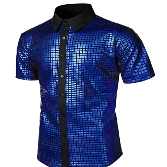  Metallic disco-style button-up shirt with a grid pattern texture, featuring a black collar and center placket with buttons. The fabric has a shimmering, reflective quality.