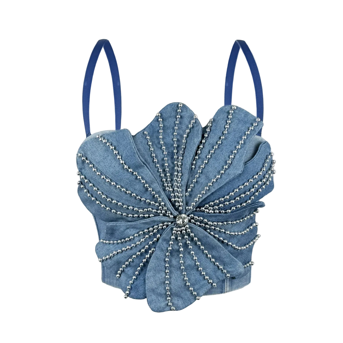 A light blue denim flower-shaped shoulder bag with silver beaded radial details and blue shoulder straps, shown against a plain white background.
